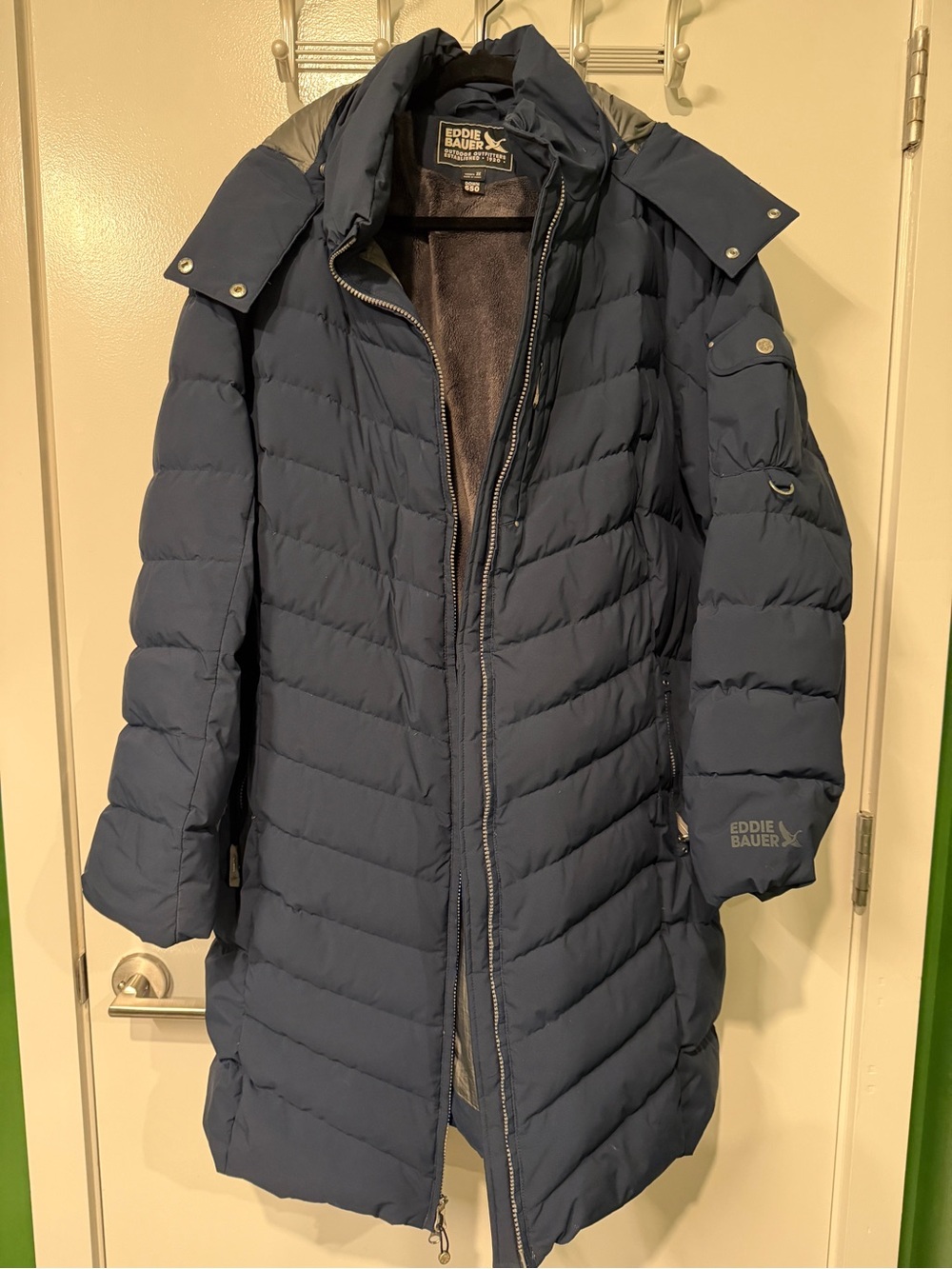 Eddie Bauer Navy Long Quilted Puffer Coat with Hood